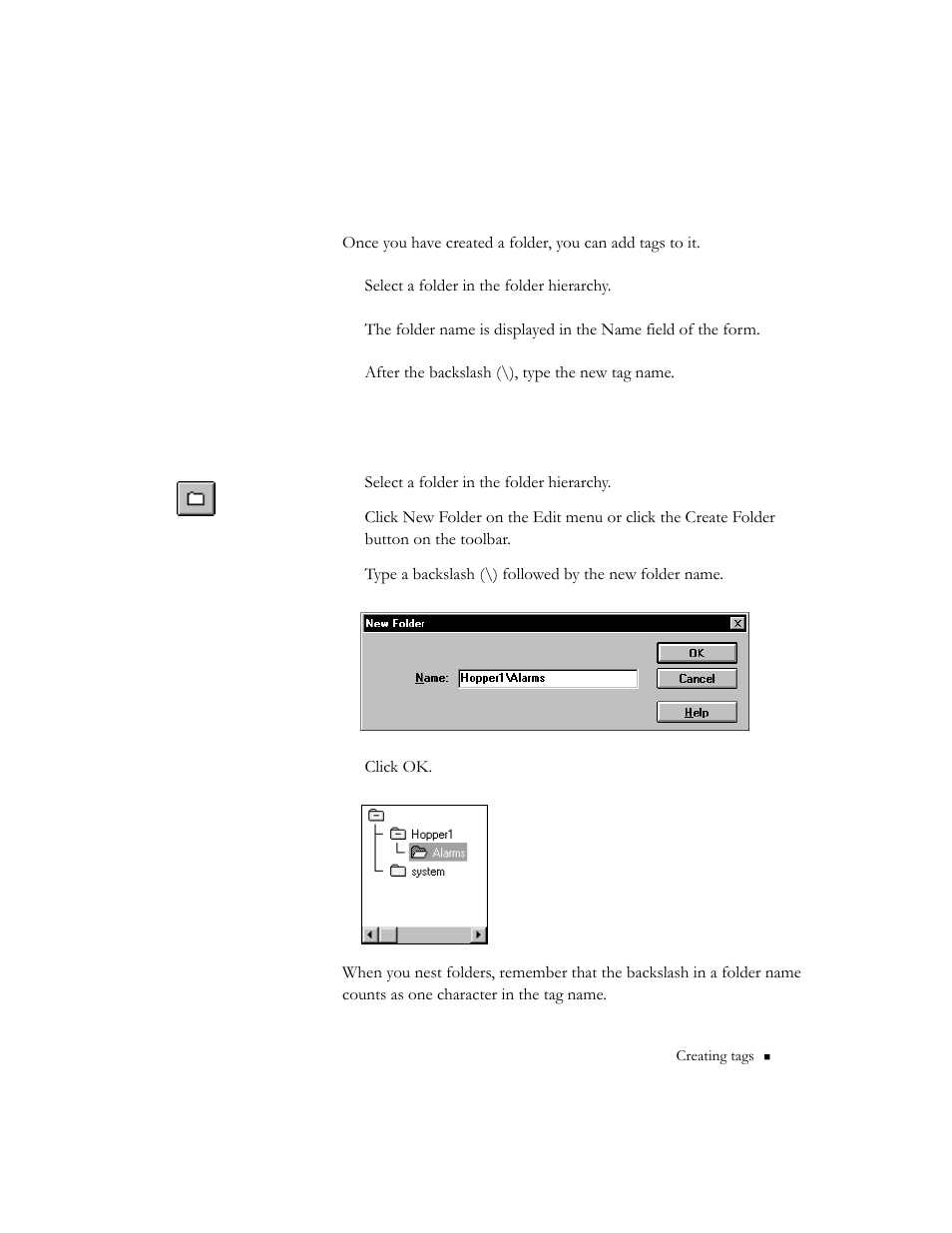 Adding tags to a folder, Nesting a folder, Adding tags to a folder -9 nesting a folder -9 | Rockwell Automation 9301 Series RSView32 Users Guide User Manual | Page 89 / 769