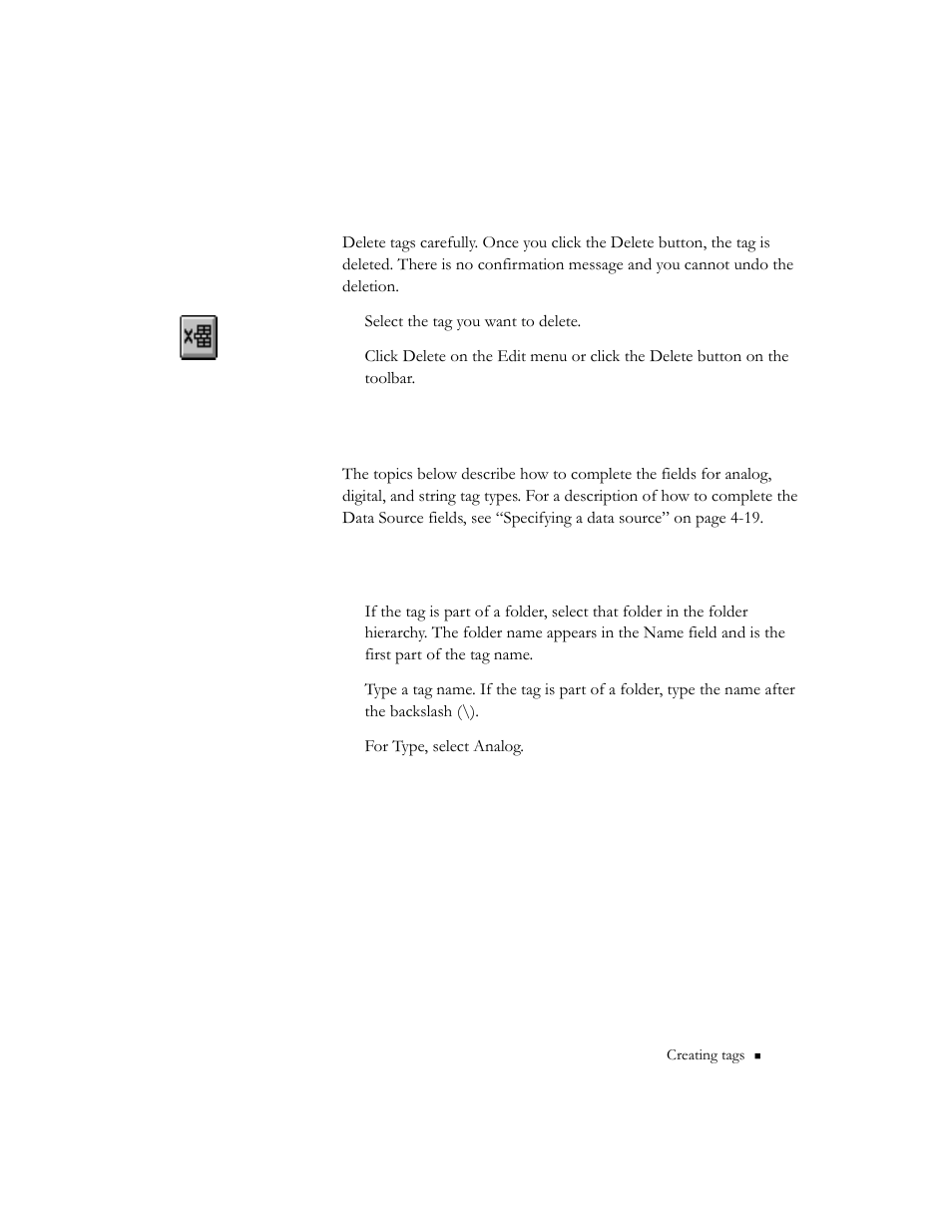 Deleting a tag, Configuring tag type, Configuring an analog tag | Deleting a tag -13, Configuring an analog tag -13 | Rockwell Automation 9301 Series RSView32 Users Guide User Manual | Page 93 / 769