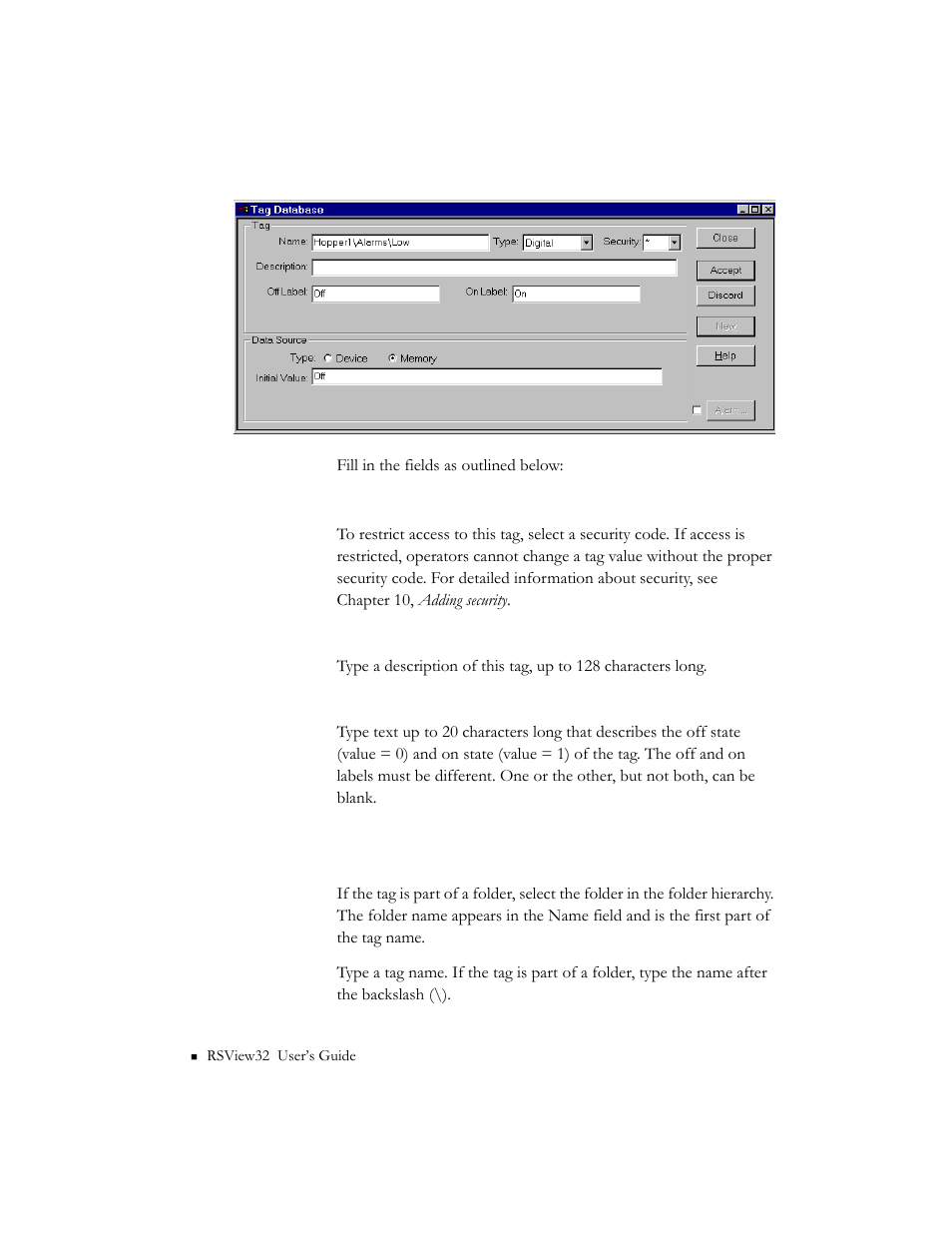 Configuring a string tag, Configuring a string tag -18 | Rockwell Automation 9301 Series RSView32 Users Guide User Manual | Page 98 / 769