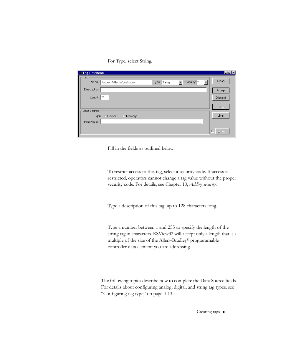 Specifying a data source | Rockwell Automation 9301 Series RSView32 Users Guide User Manual | Page 99 / 769