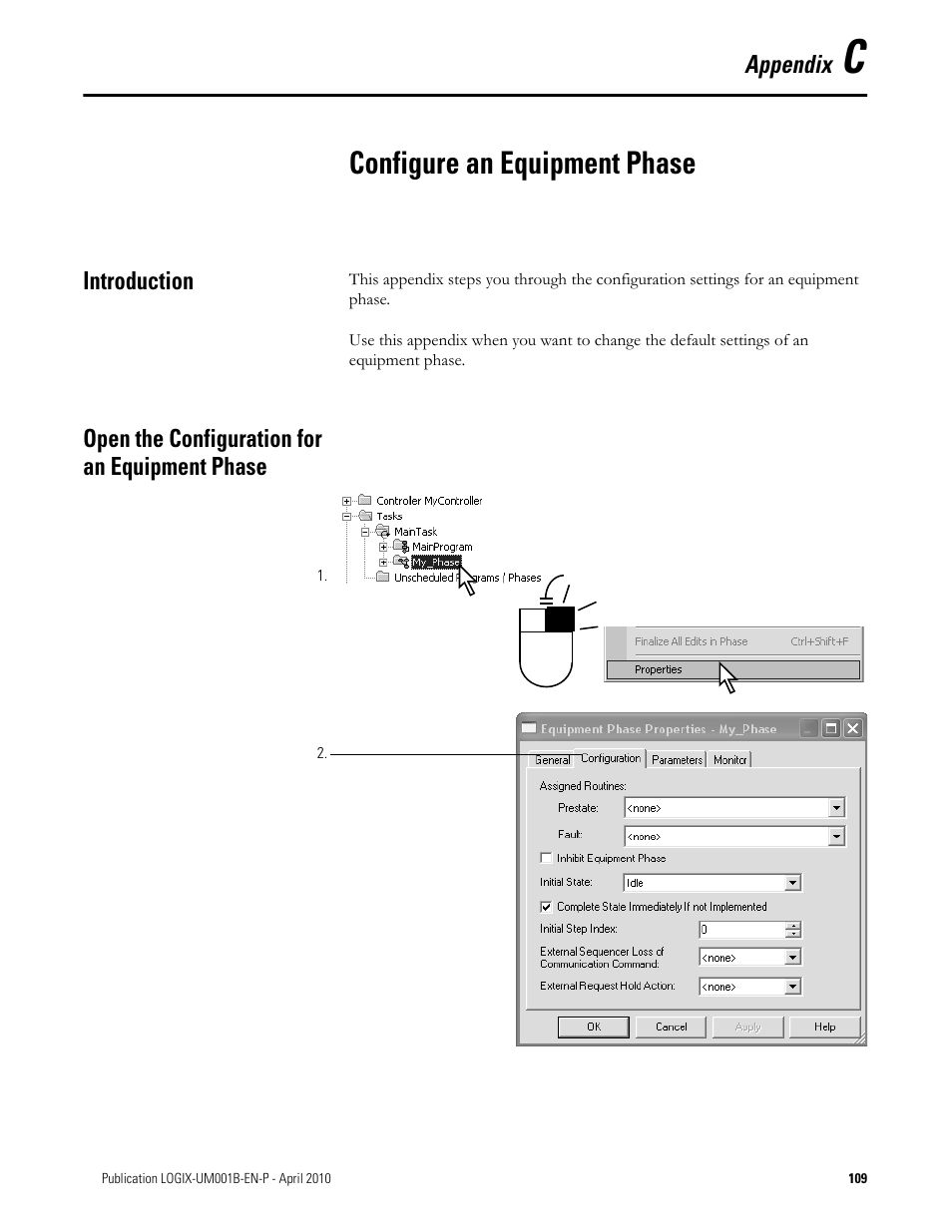 Configure an equipment phase, Introduction, Open the configuration for an equipment phase | Appendix c | Rockwell Automation 1794-Lxxxx PhaseManager User Manual | Page 111 / 122