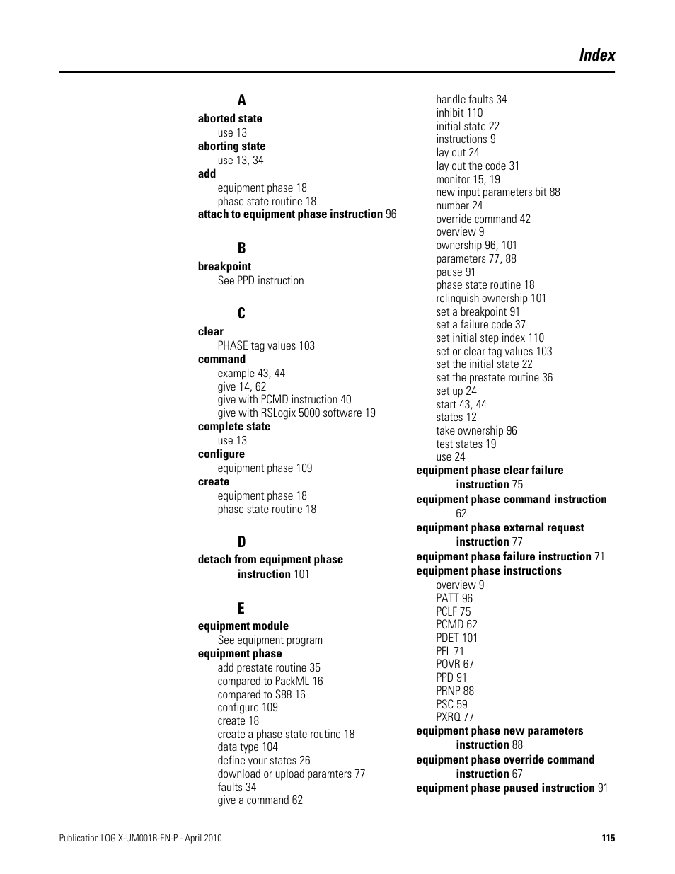 Index | Rockwell Automation 1794-Lxxxx PhaseManager User Manual | Page 117 / 122