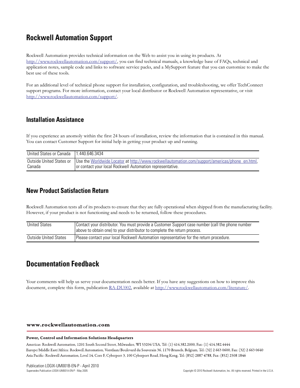 Rockwell automation support, Documentation feedback, Installation assistance | New product satisfaction return | Rockwell Automation 1794-Lxxxx PhaseManager User Manual | Page 122 / 122
