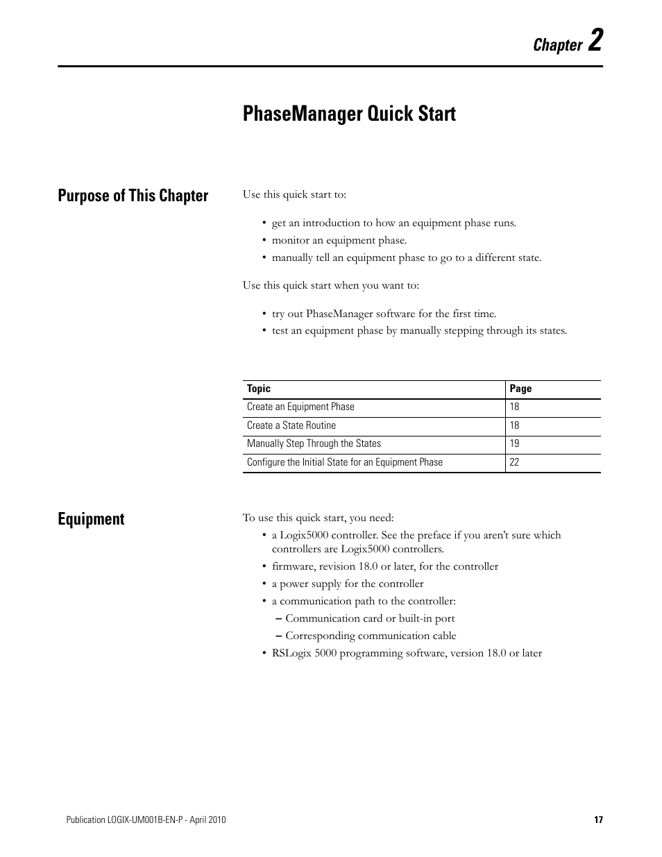 Phasemanager quick start, Purpose of this chapter, Equipment | Chapter 2, Purpose of this chapter equipment, Chapter | Rockwell Automation 1794-Lxxxx PhaseManager User Manual | Page 17 / 122