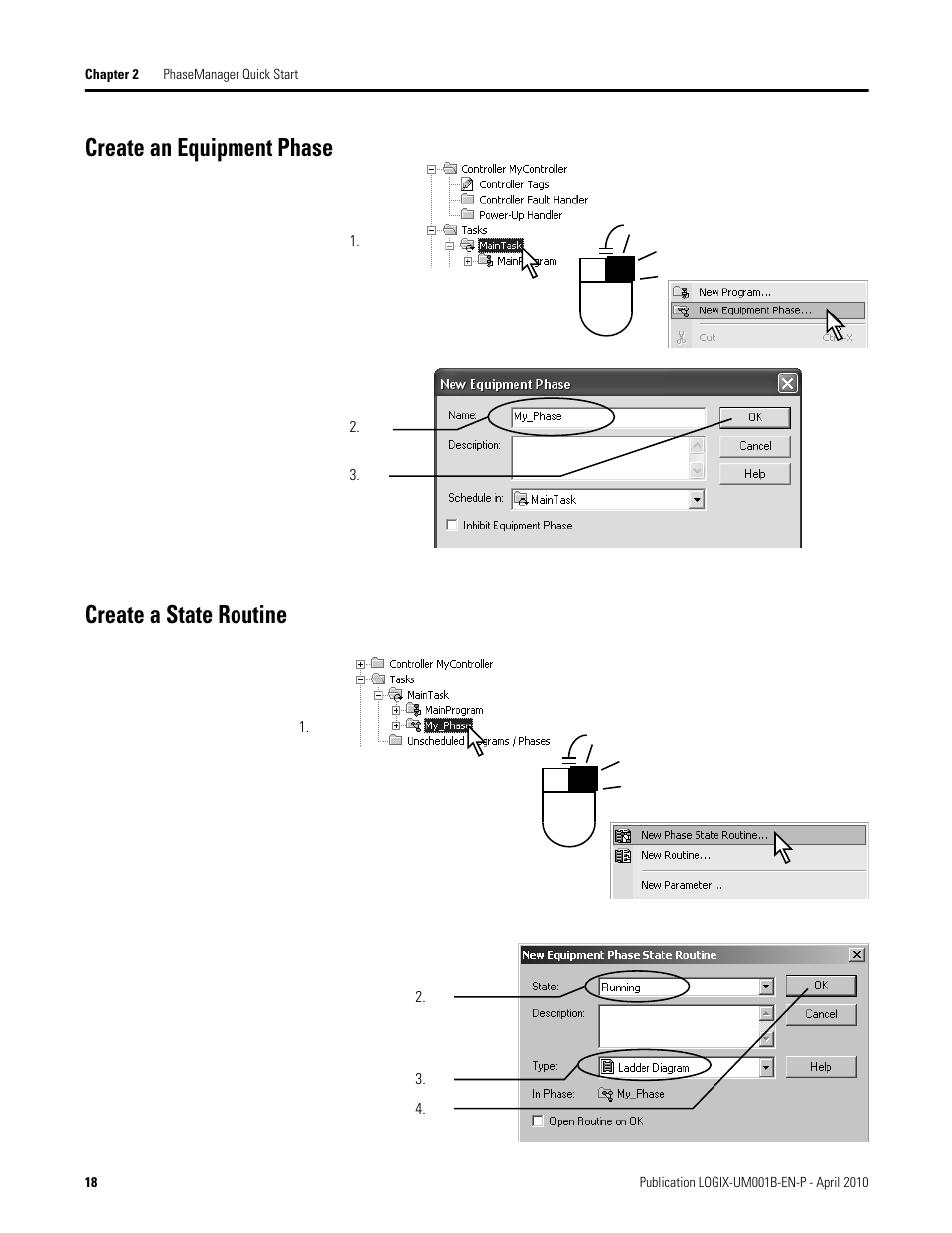 Create an equipment phase, Create a state routine, Create an equipment phase create a state routine | Rockwell Automation 1794-Lxxxx PhaseManager User Manual | Page 18 / 122