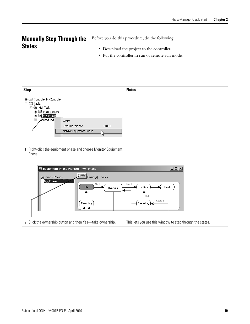 Manually step through the states | Rockwell Automation 1794-Lxxxx PhaseManager User Manual | Page 19 / 122