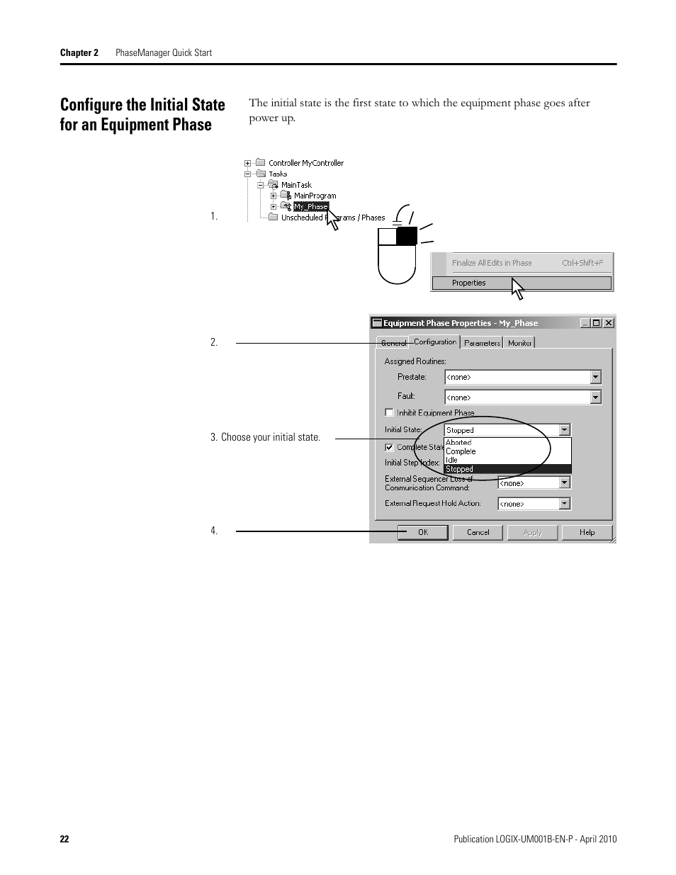 Configure the initial state for an equipment phase | Rockwell Automation 1794-Lxxxx PhaseManager User Manual | Page 22 / 122