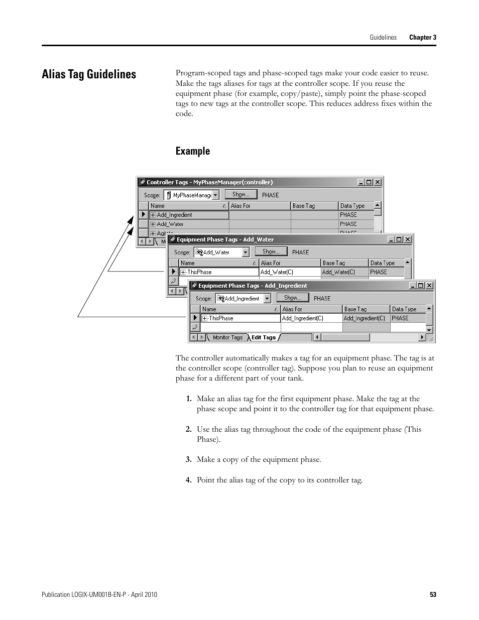 Alias tag guidelines, Example | Rockwell Automation 1794-Lxxxx PhaseManager User Manual | Page 53 / 122
