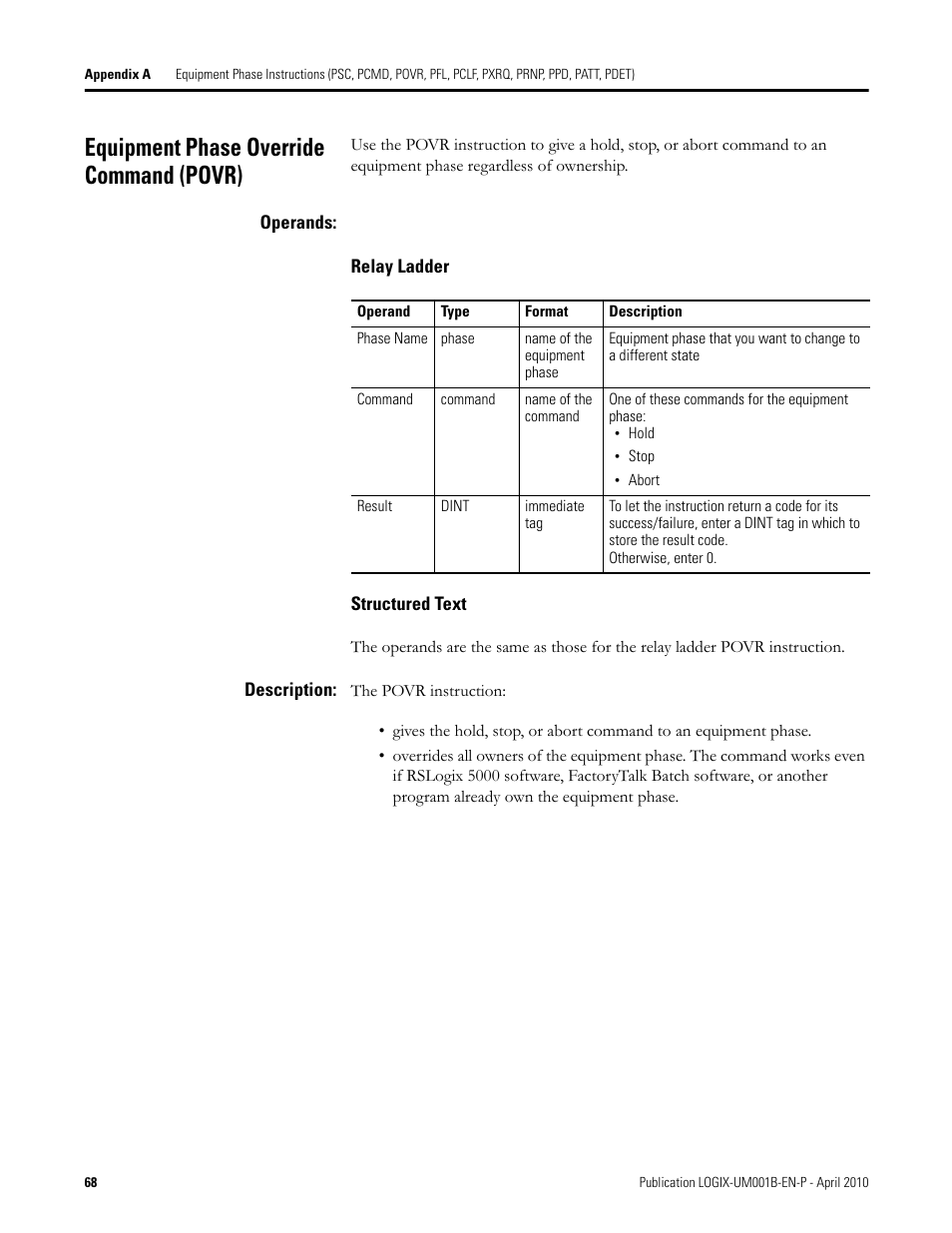 Equipment phase override command (povr) | Rockwell Automation 1794-Lxxxx PhaseManager User Manual | Page 68 / 122
