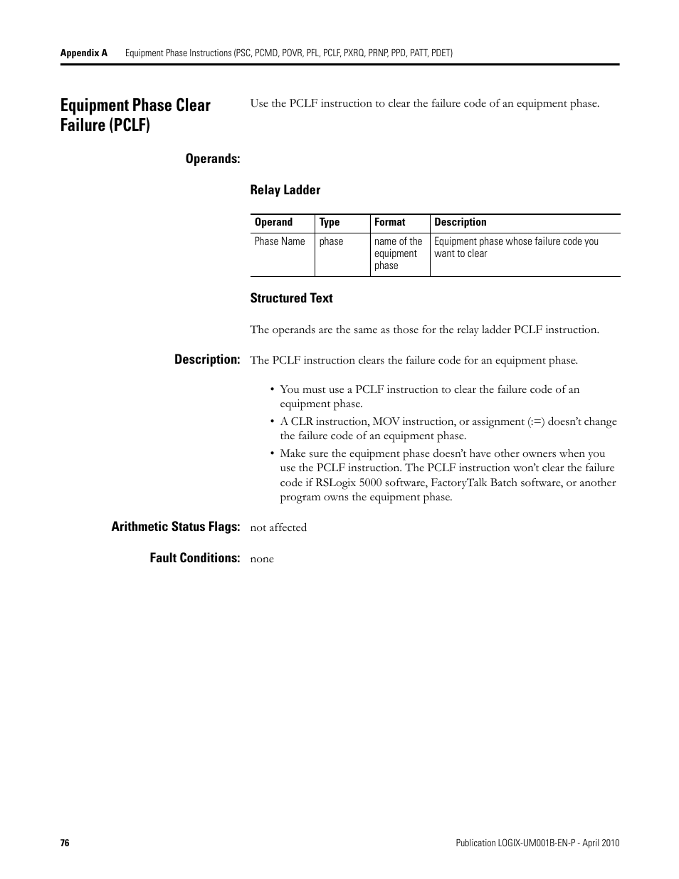 Equipment phase clear failure (pclf) | Rockwell Automation 1794-Lxxxx PhaseManager User Manual | Page 76 / 122