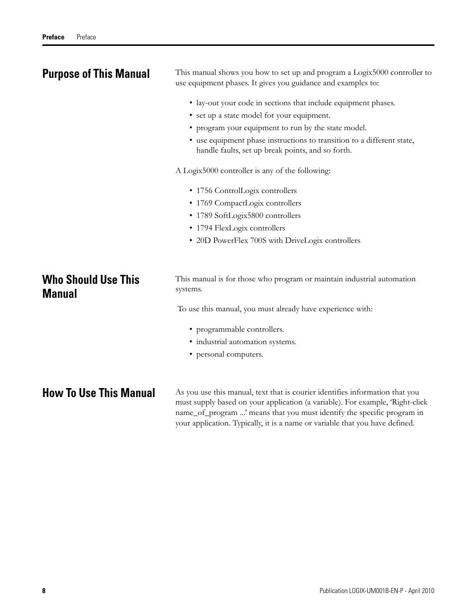 Purpose of this manual, Who should use this manual, How to use this manual | Rockwell Automation 1794-Lxxxx PhaseManager User Manual | Page 8 / 122