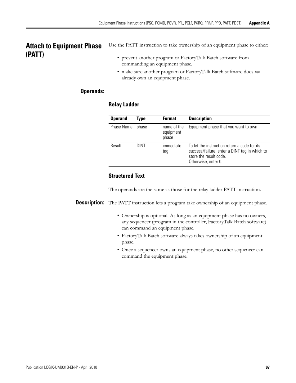 Attach to equipment phase (patt) | Rockwell Automation 1794-Lxxxx PhaseManager User Manual | Page 97 / 122