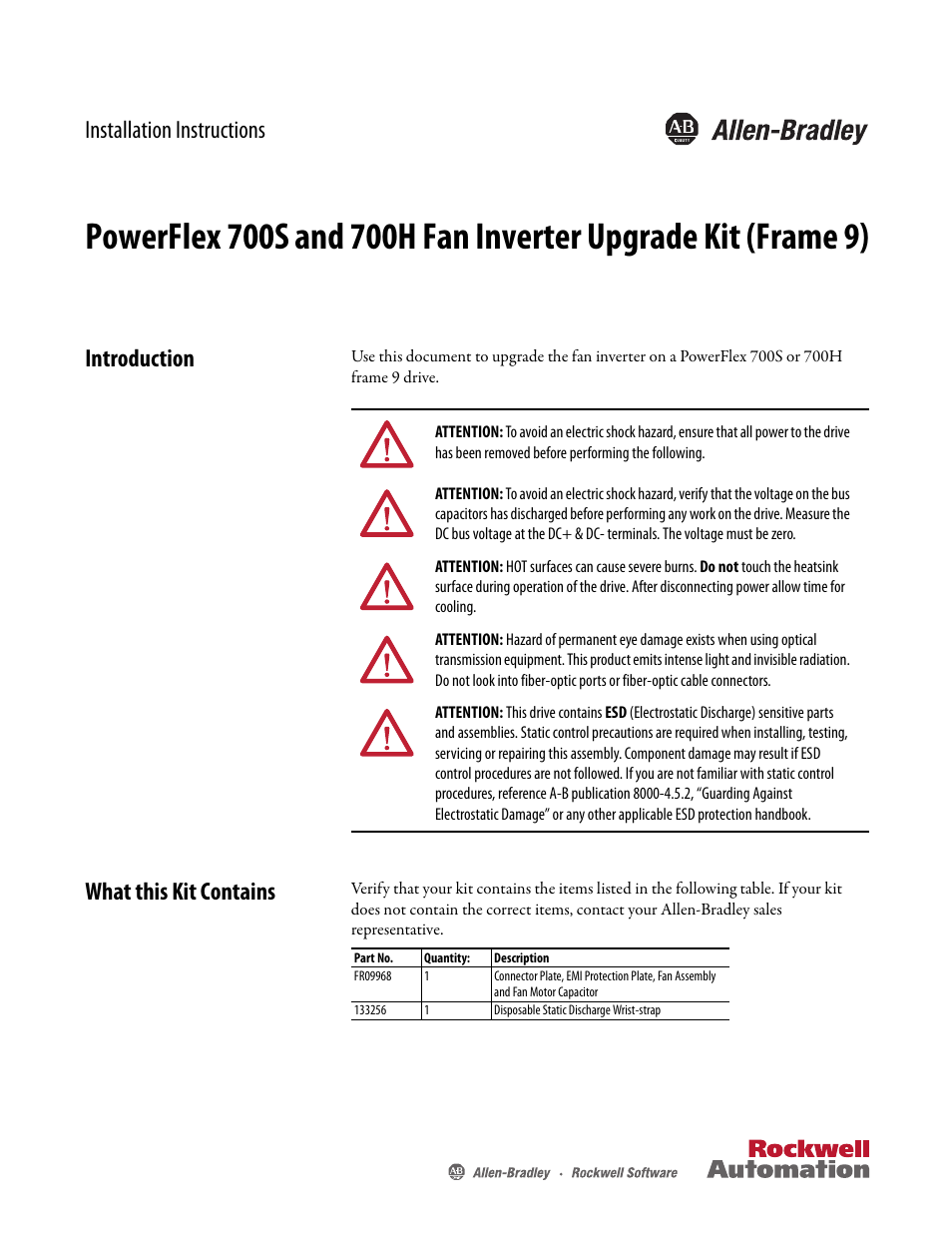 Rockwell Automation 20D PowerFlex 700S and H Fan Inverter Upgrade Kit (Frame 9) User Manual | 22 pages