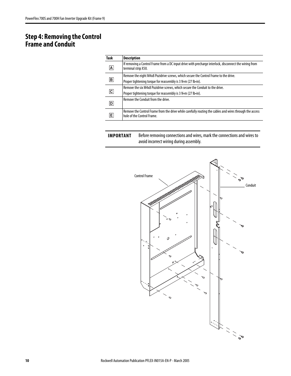 Step 4: removing the control frame and conduit | Rockwell Automation 20D PowerFlex 700S and H Fan Inverter Upgrade Kit (Frame 9) User Manual | Page 10 / 22