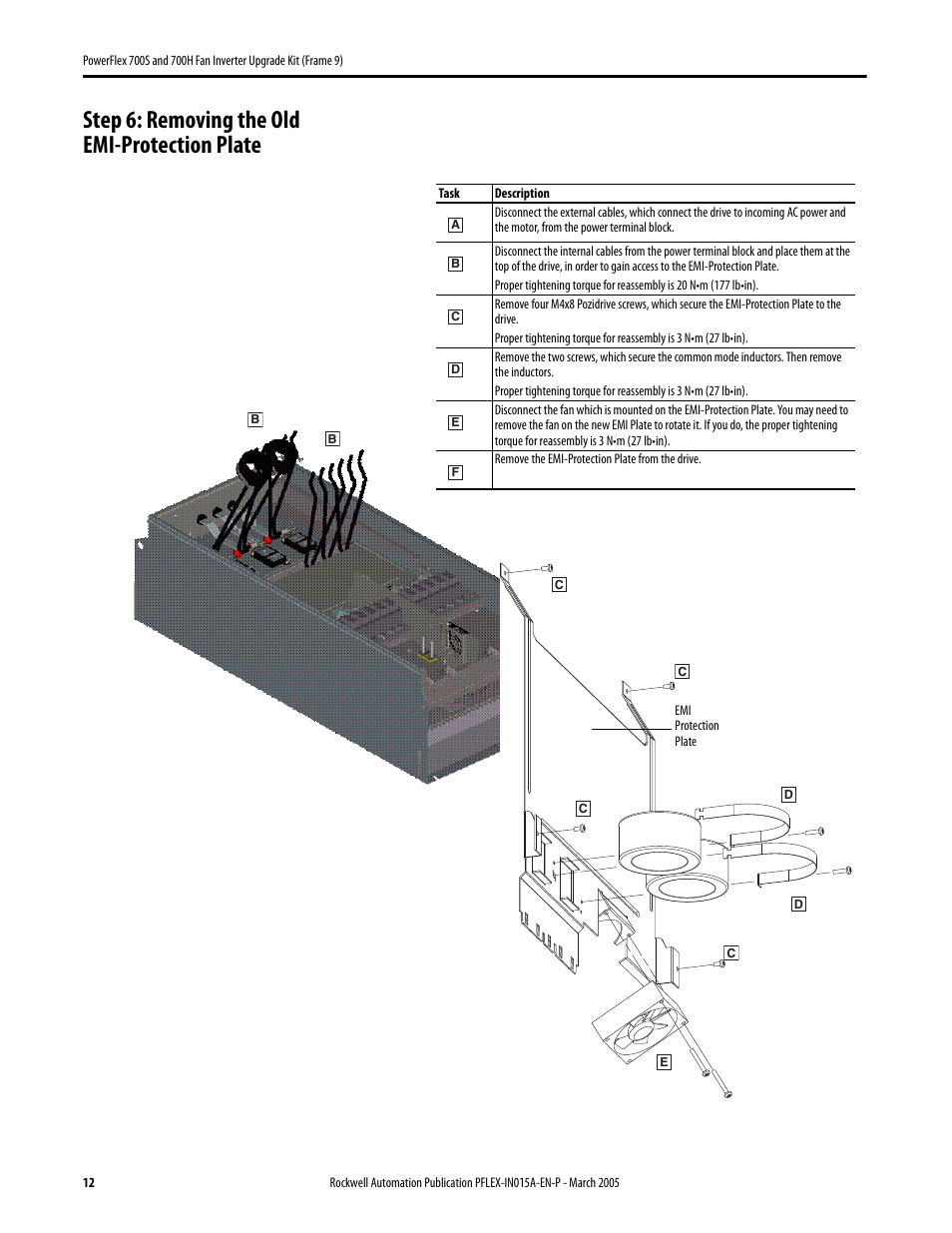Step 6: removing the old emi-protection plate | Rockwell Automation 20D PowerFlex 700S and H Fan Inverter Upgrade Kit (Frame 9) User Manual | Page 12 / 22