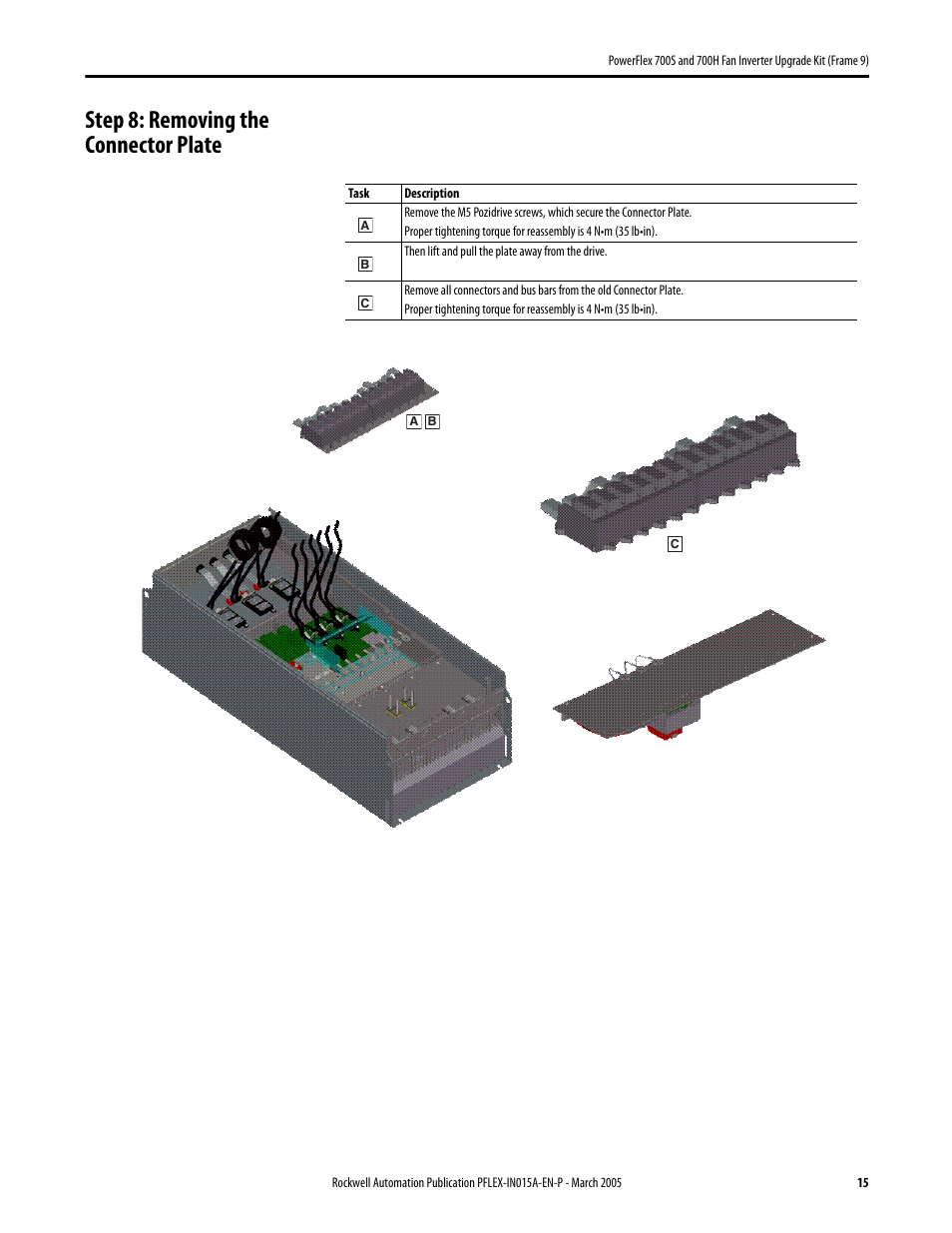 Step 8: removing the connector plate | Rockwell Automation 20D PowerFlex 700S and H Fan Inverter Upgrade Kit (Frame 9) User Manual | Page 15 / 22