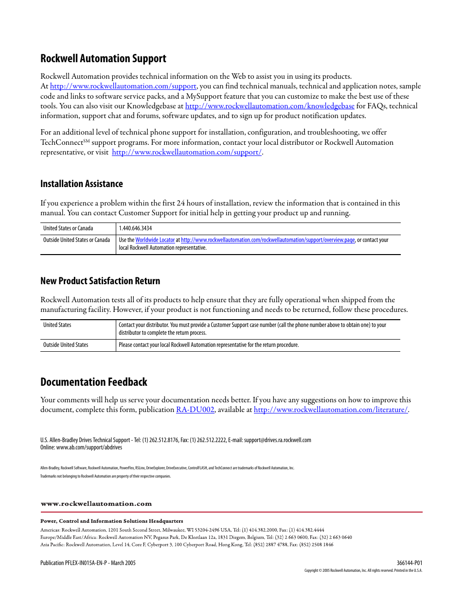 Rockwell automation support, Documentation feedback, Installation assistance | New product satisfaction return | Rockwell Automation 20D PowerFlex 700S and H Fan Inverter Upgrade Kit (Frame 9) User Manual | Page 22 / 22