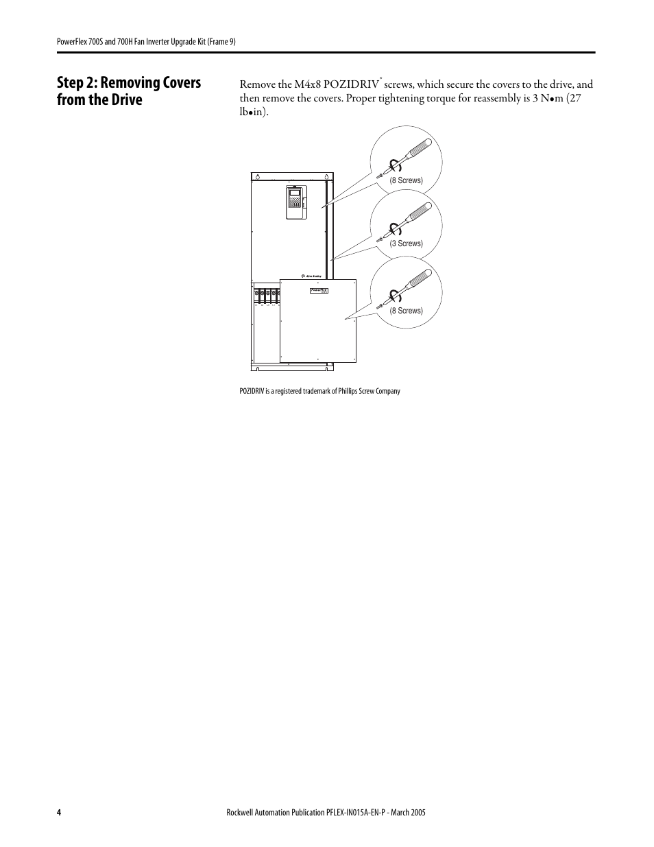 Step 2: removing covers from the drive, Remove the m4x8 pozidriv | Rockwell Automation 20D PowerFlex 700S and H Fan Inverter Upgrade Kit (Frame 9) User Manual | Page 4 / 22