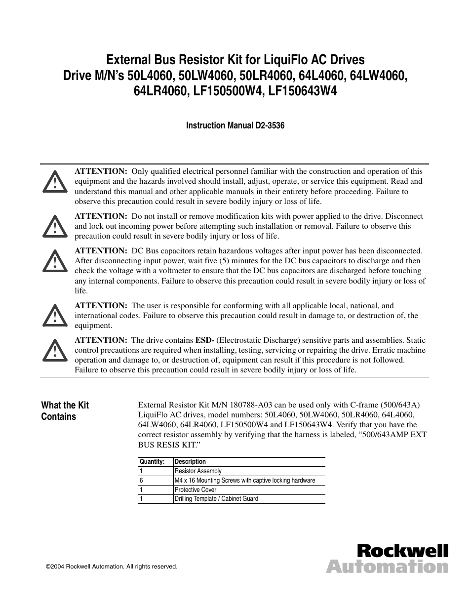 Rockwell Automation LiquiFlo 1.0 and 1.5 External Bus Resistor Kit (500/640 Amp) User Manual | 16 pages