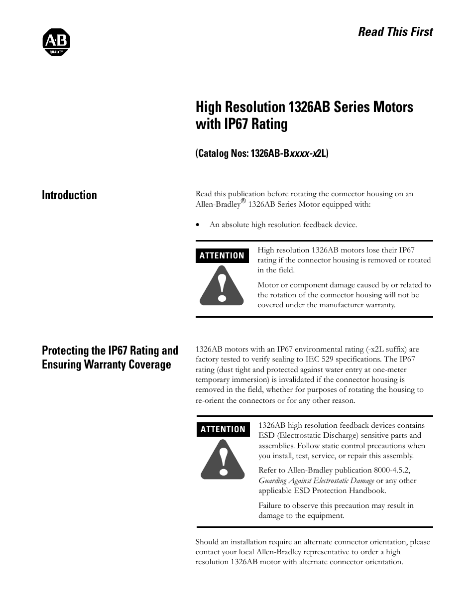 Rockwell Automation 1326AB-Bxxxx-x2L High Resolution 1326AB Motors with IP67 Rating User Manual | 2 pages