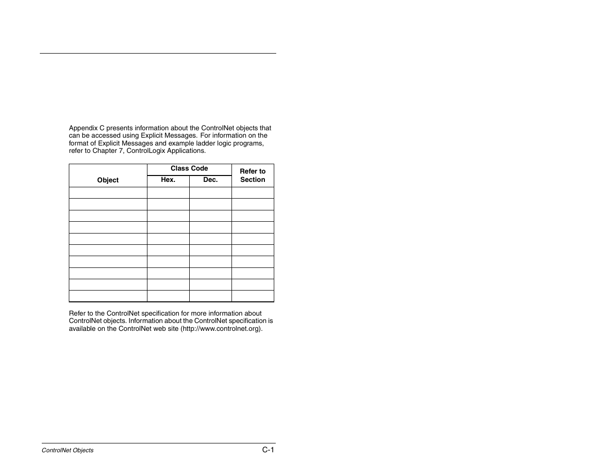 C - controlnet objects, Ppendix, Controlnet objects | Rockwell Automation RECOMM-CNET ControlNet Communications Module User Manual | Page 117 / 160