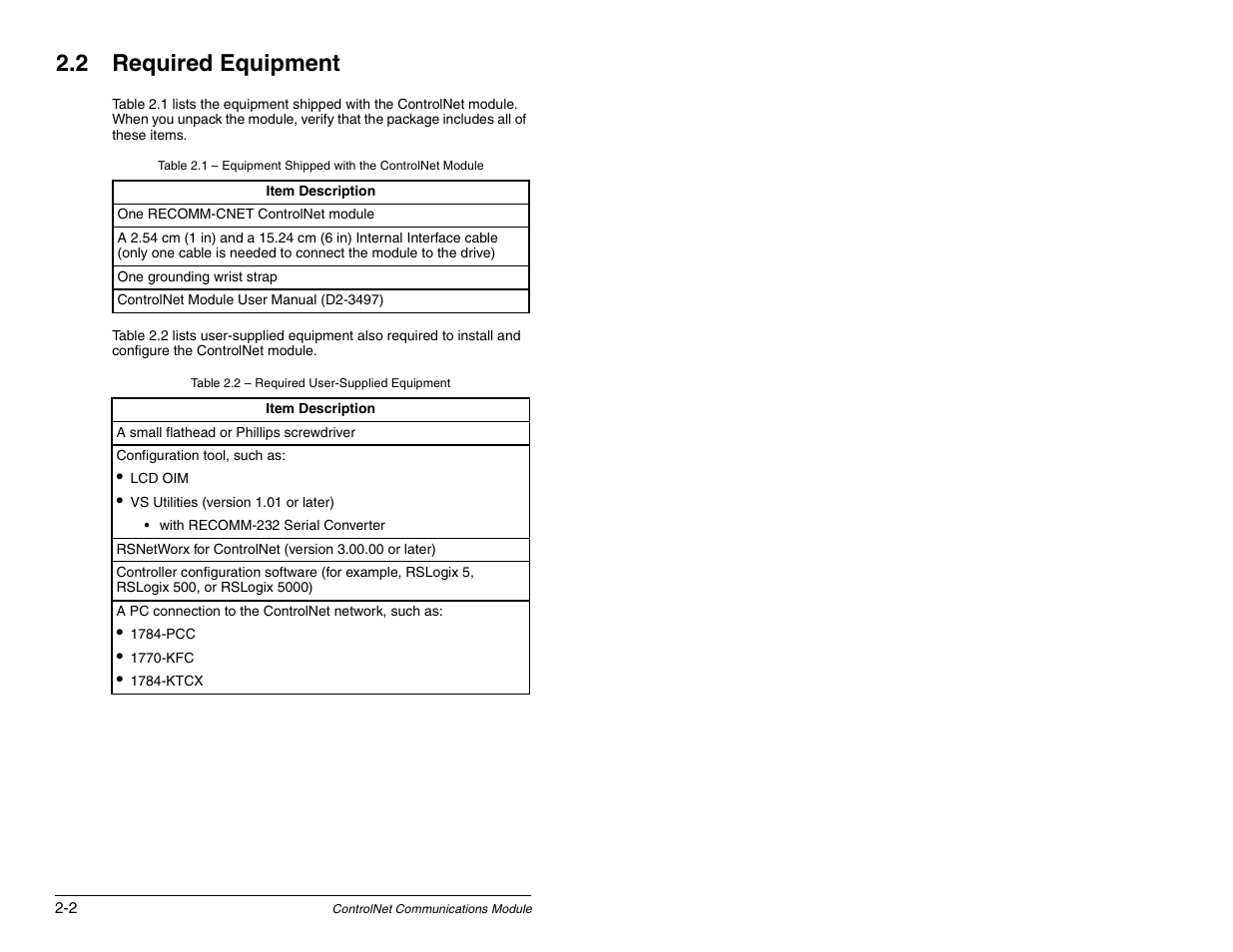 Required equipment, 2 required equipment | Rockwell Automation RECOMM-CNET ControlNet Communications Module User Manual | Page 12 / 160