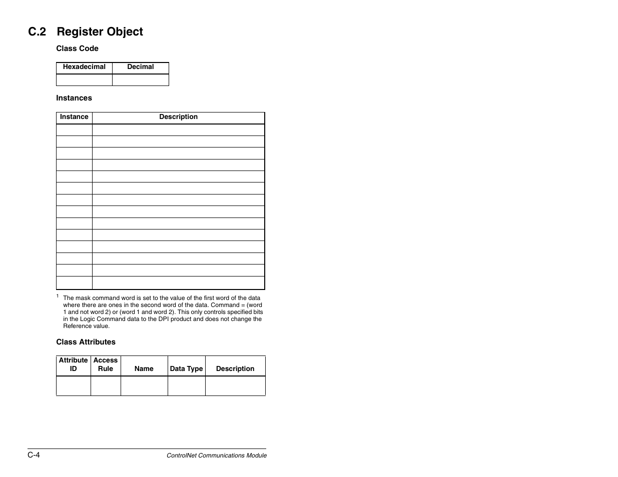 Register object, C.2 register object | Rockwell Automation RECOMM-CNET ControlNet Communications Module User Manual | Page 120 / 160