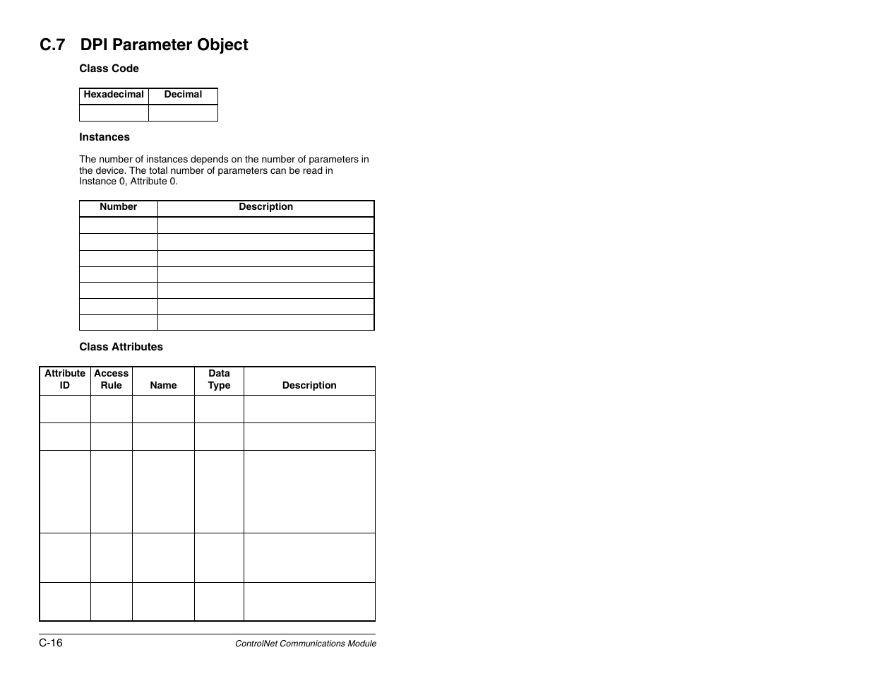 Dpi parameter object, C.7 dpi parameter object | Rockwell Automation RECOMM-CNET ControlNet Communications Module User Manual | Page 132 / 160