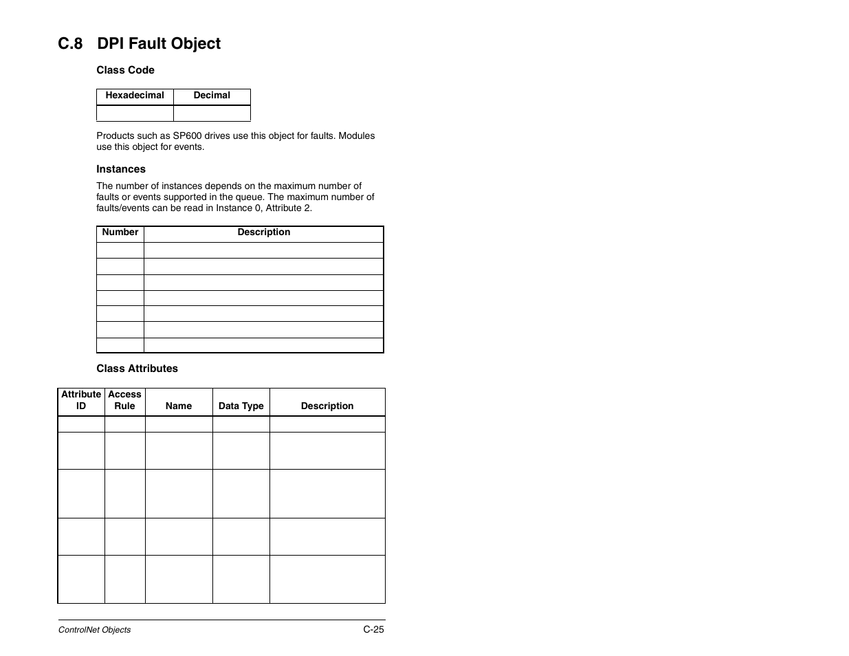 Dpi fault object, C.8 dpi fault object | Rockwell Automation RECOMM-CNET ControlNet Communications Module User Manual | Page 141 / 160