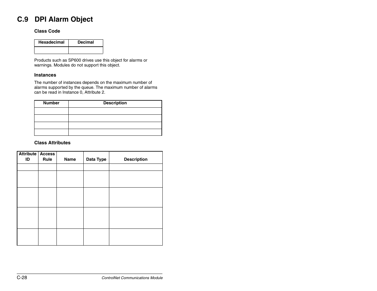 Dpi alarm object, C.9 dpi alarm object | Rockwell Automation RECOMM-CNET ControlNet Communications Module User Manual | Page 144 / 160