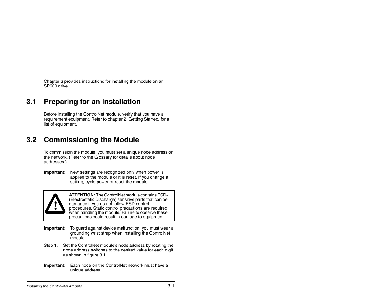 3 - installing the controlnet module, Preparing for an installation, Commissioning the module | Hapter, Installing the controlnet module | Rockwell Automation RECOMM-CNET ControlNet Communications Module User Manual | Page 15 / 160