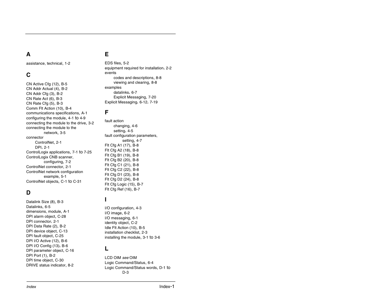 Index, Ndex | Rockwell Automation RECOMM-CNET ControlNet Communications Module User Manual | Page 157 / 160