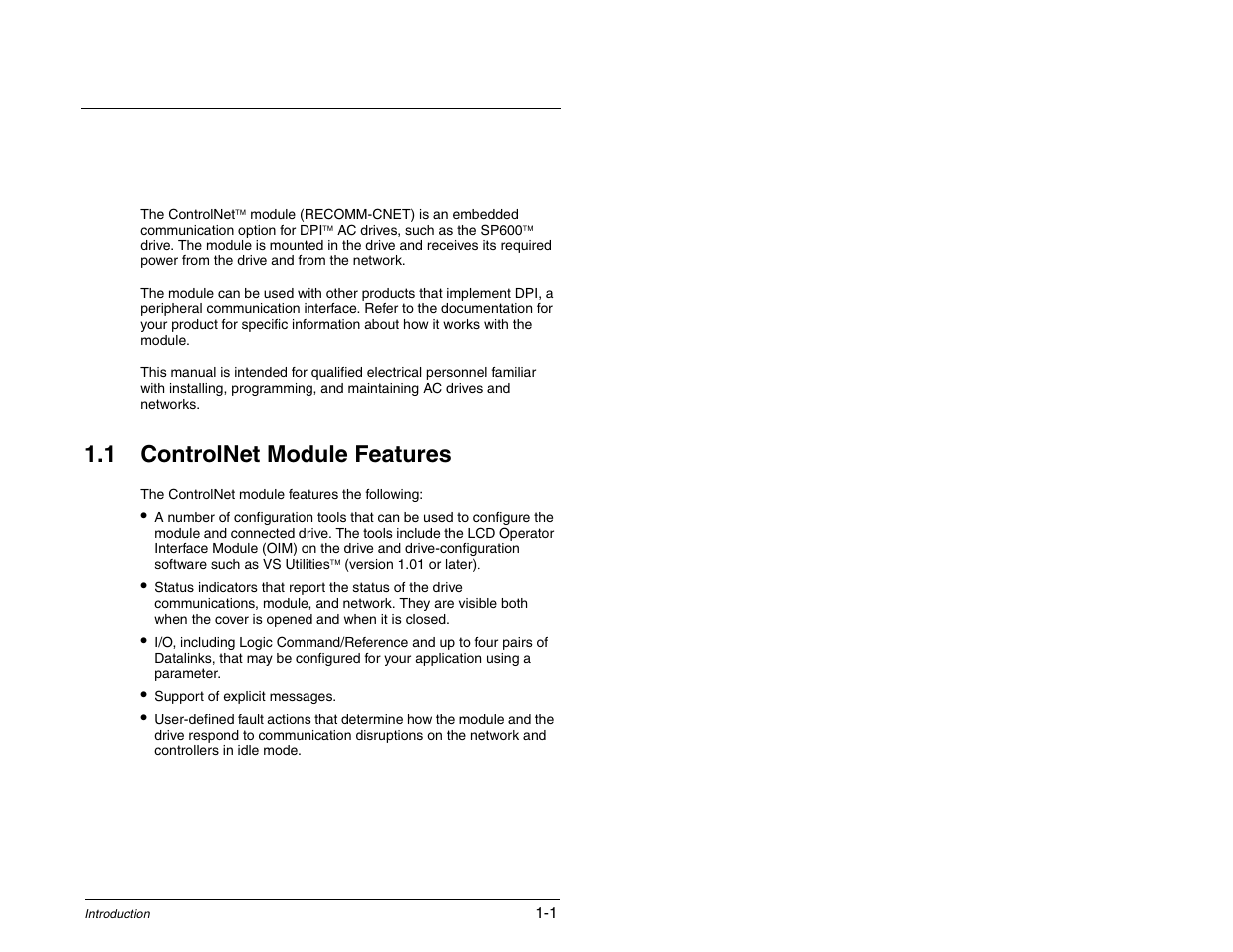 1 - introduction, Controlnet module features, Hapter | Introduction, 1 controlnet module features | Rockwell Automation RECOMM-CNET ControlNet Communications Module User Manual | Page 9 / 160
