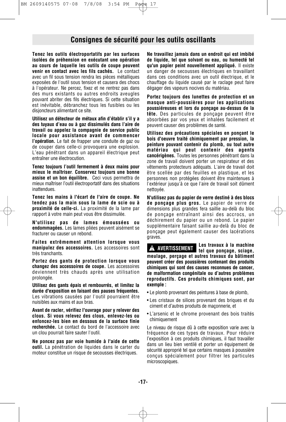 Consignes de sécurité pour les outils oscillants | Bosch PS50 User Manual | Page 17 / 44