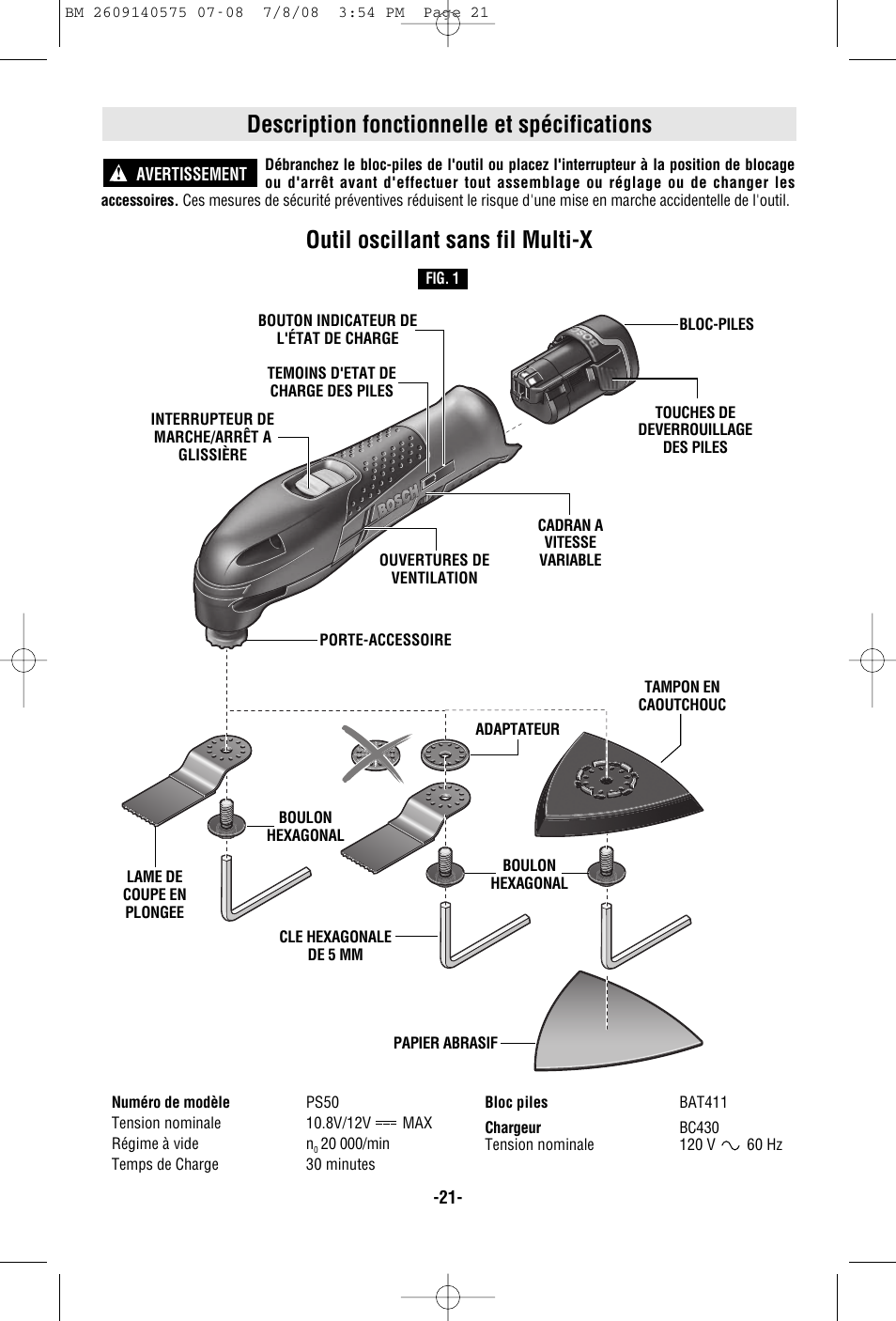 Description fonctionnelle et spécifications, Outil oscillant sans fil multi-x | Bosch PS50 User Manual | Page 21 / 44