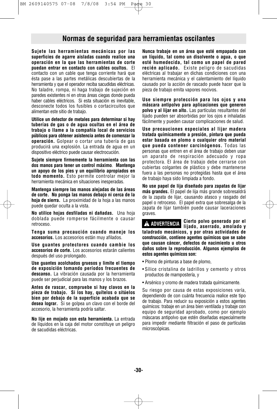 Normas de seguridad para herramientas oscilantes | Bosch PS50 User Manual | Page 30 / 44