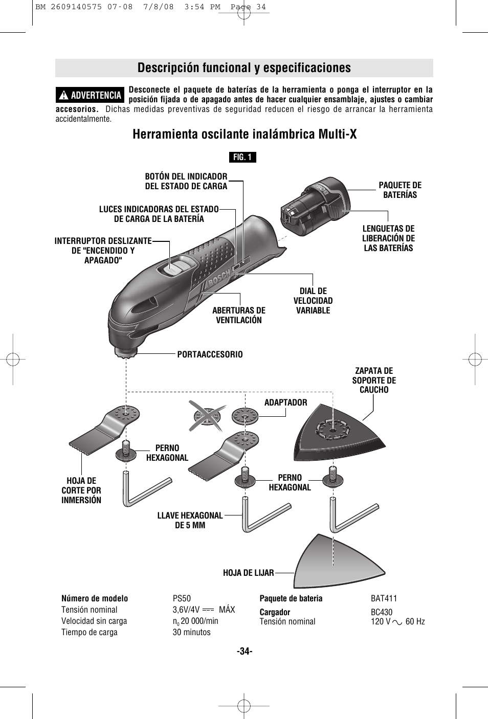 Descripción funcional y especificaciones, Herramienta oscilante inalámbrica multi-x | Bosch PS50 User Manual | Page 34 / 44