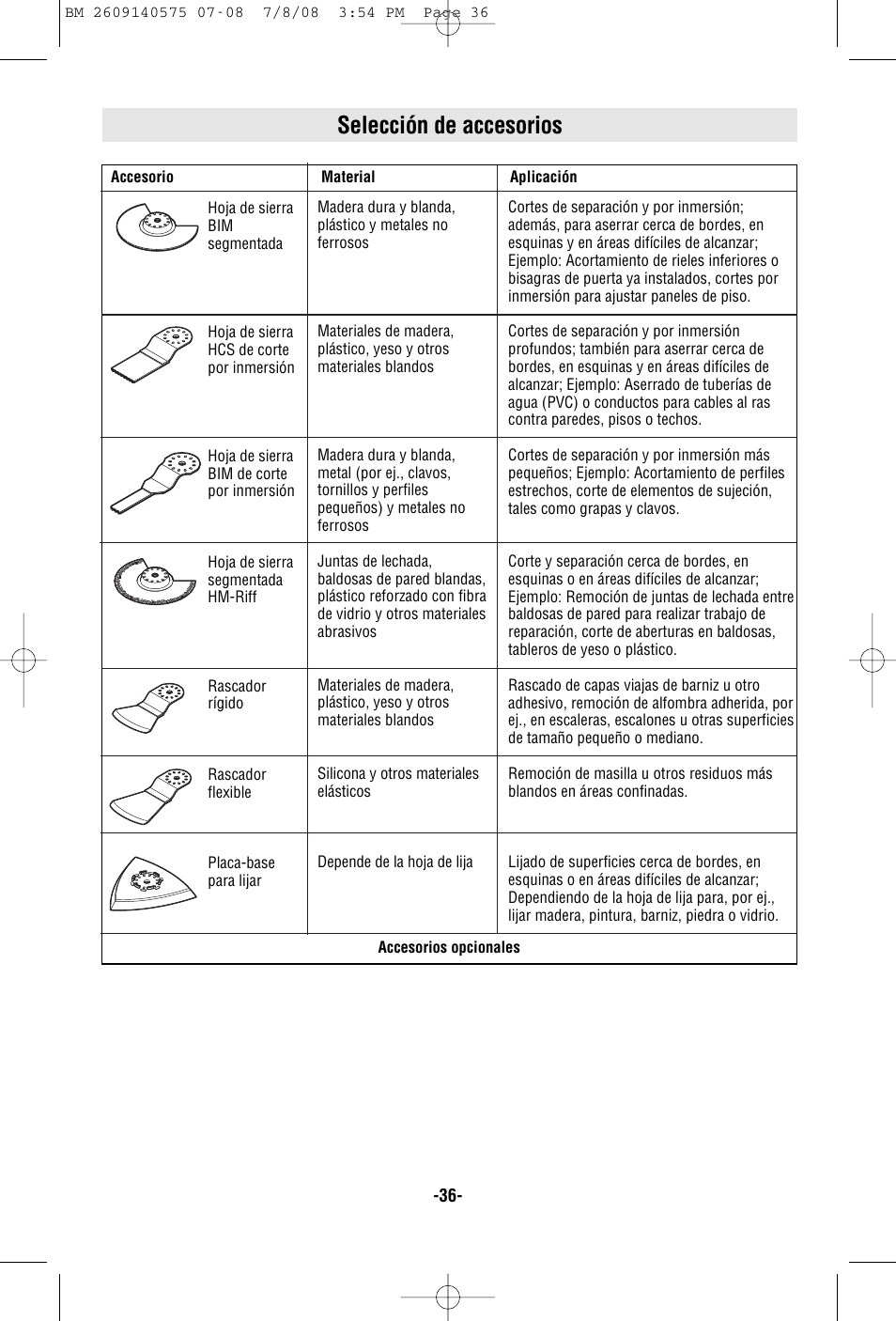 Selección de accesorios | Bosch PS50 User Manual | Page 36 / 44