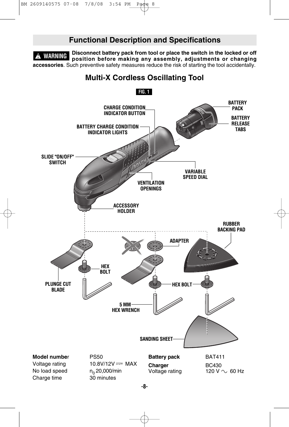 Functional description and specifications, Multi-x cordless oscillating tool | Bosch PS50 User Manual | Page 8 / 44