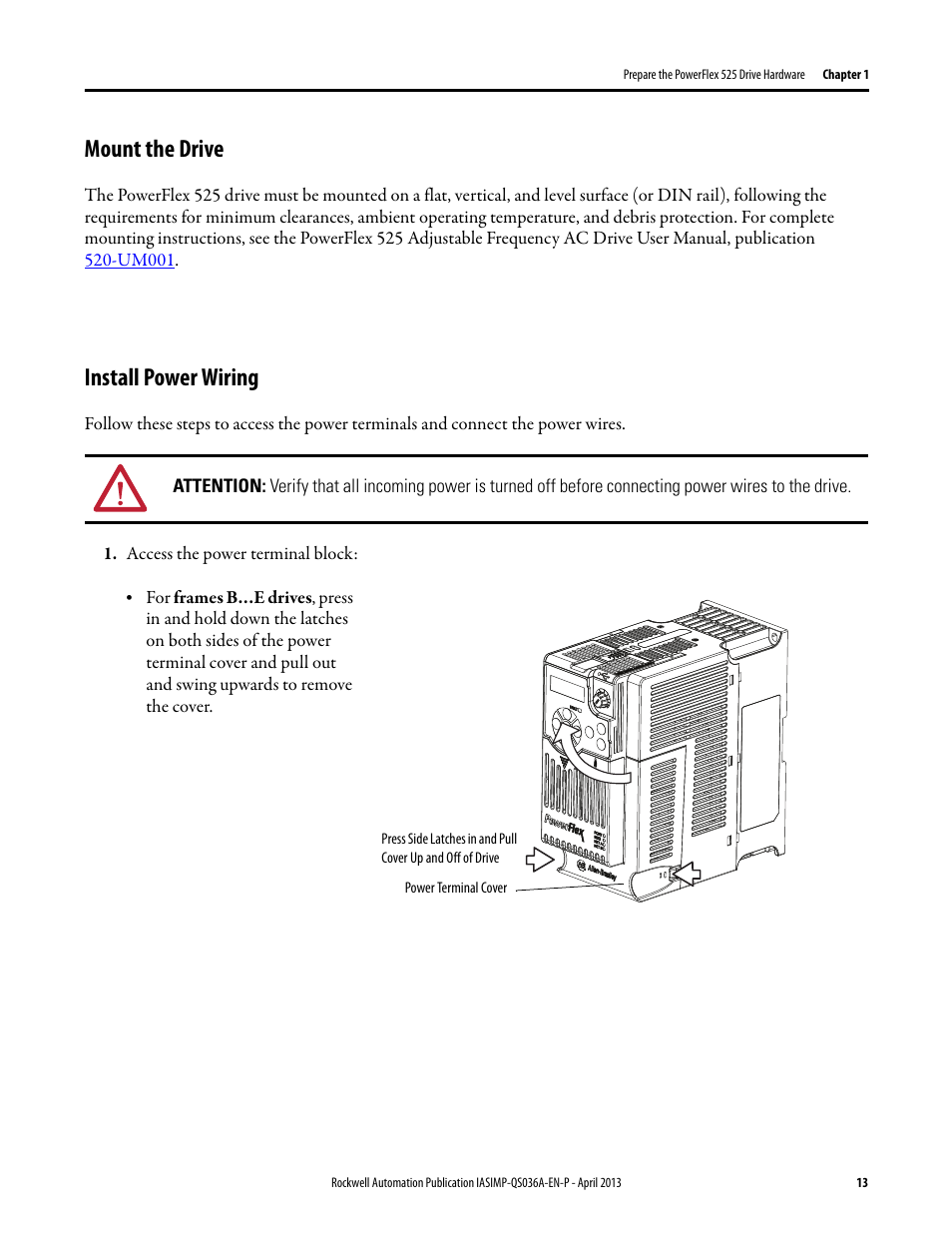 Mount the drive, Install power wiring, Mount the drive install power wiring | Install power wiring on p | Rockwell Automation Logix5000 Control Systems: Connect PowerFlex 525 Drives over EtherNet/IP Quick Start User Manual | Page 13 / 36