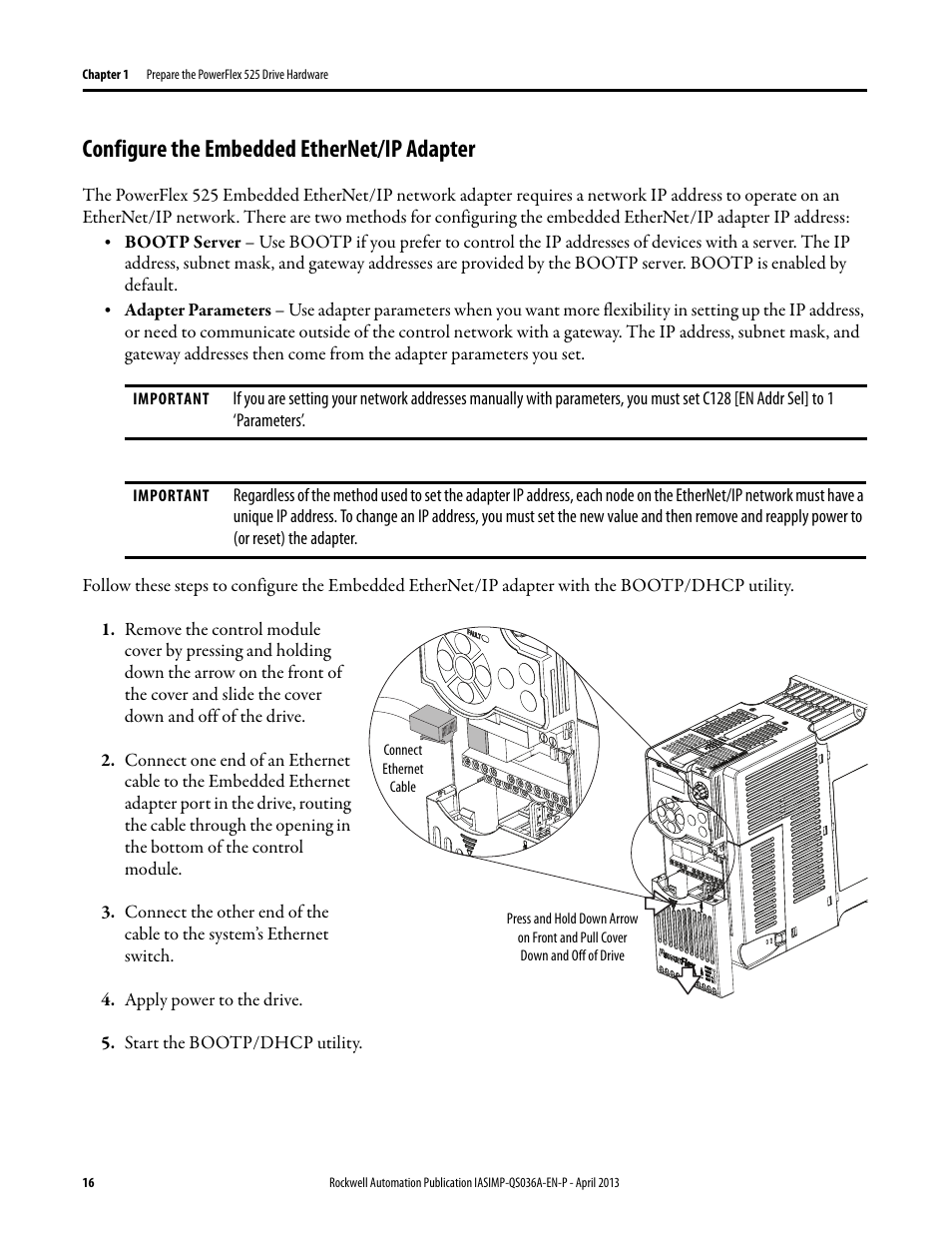 Configure the embedded ethernet/ip adapter, Configure the embedded, Ethernet/ip adapter | Rockwell Automation Logix5000 Control Systems: Connect PowerFlex 525 Drives over EtherNet/IP Quick Start User Manual | Page 16 / 36