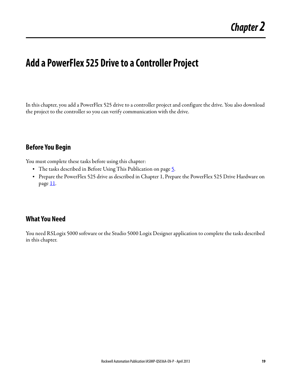 Before you begin, What you need, Chapter 2 | Add a powerflex 525 drive to a controller project, Before you begin what you need, You m, Add a powerflex 525 drive to a, Controller project, Chapter | Rockwell Automation Logix5000 Control Systems: Connect PowerFlex 525 Drives over EtherNet/IP Quick Start User Manual | Page 19 / 36