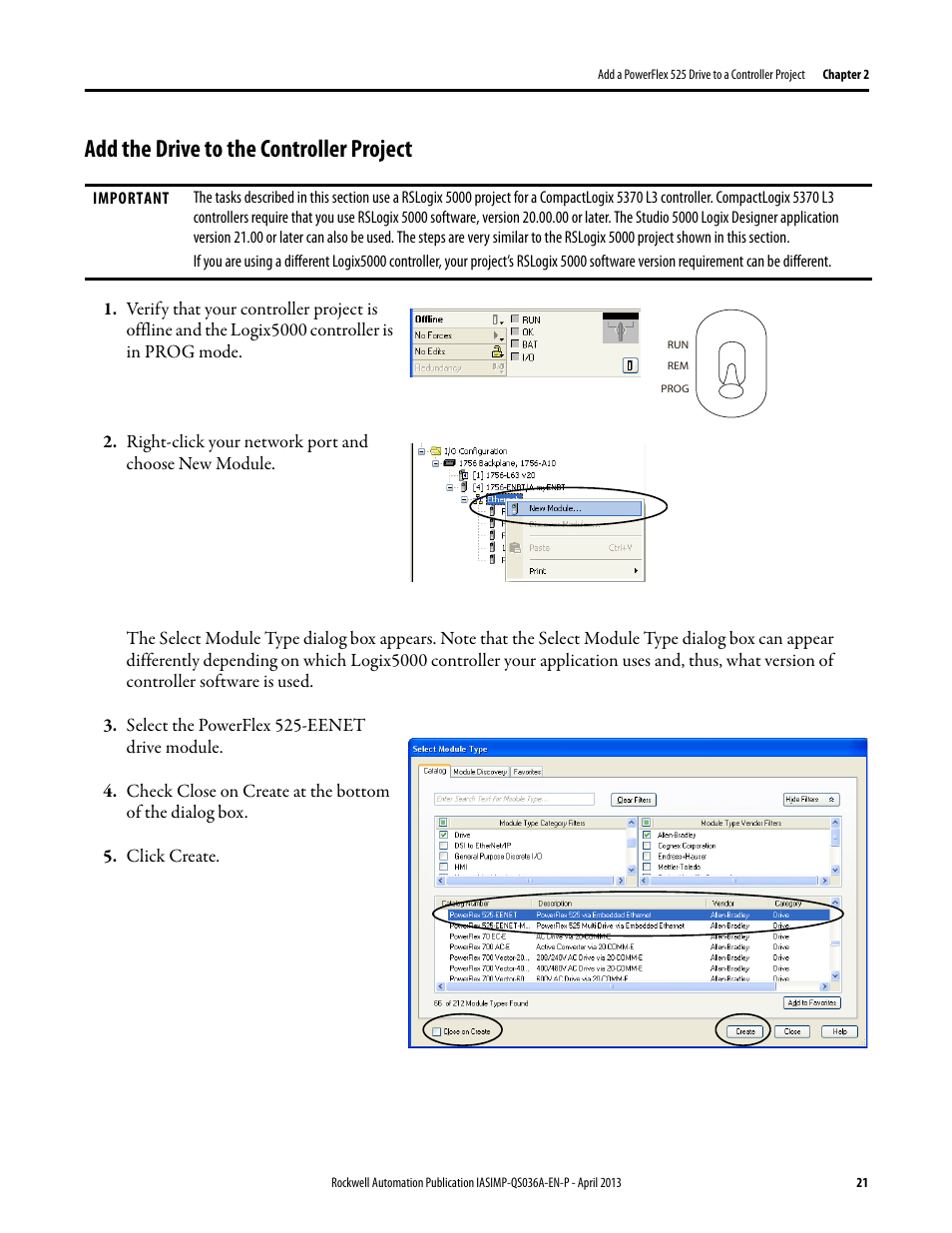 Add the drive to the controller project, Add the drive to the controller | Rockwell Automation Logix5000 Control Systems: Connect PowerFlex 525 Drives over EtherNet/IP Quick Start User Manual | Page 21 / 36