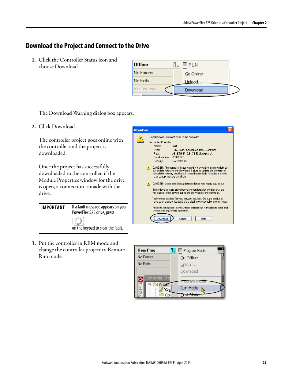 Download the project and connect to the drive, Download the project and, Connect to the drive on p | Rockwell Automation Logix5000 Control Systems: Connect PowerFlex 525 Drives over EtherNet/IP Quick Start User Manual | Page 25 / 36