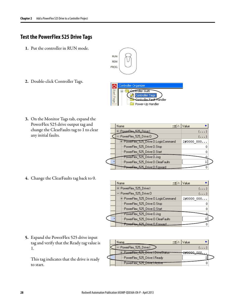 Test the powerflex 525 drive tags, Test the powerflex 525 drive, Tags on | Rockwell Automation Logix5000 Control Systems: Connect PowerFlex 525 Drives over EtherNet/IP Quick Start User Manual | Page 28 / 36