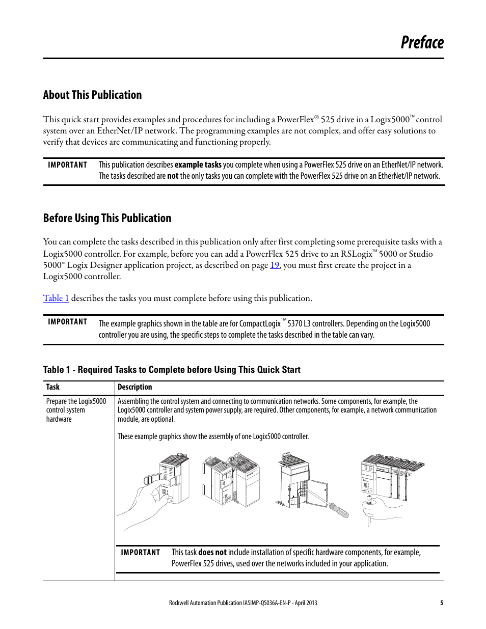 Preface, About this publication, Before using this publication | Rockwell Automation Logix5000 Control Systems: Connect PowerFlex 525 Drives over EtherNet/IP Quick Start User Manual | Page 5 / 36