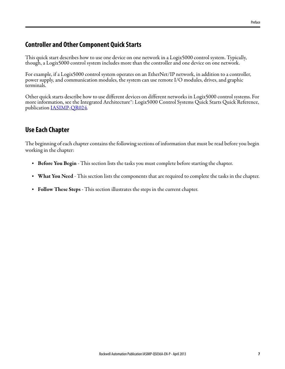 Controller and other component quick starts, Use each chapter | Rockwell Automation Logix5000 Control Systems: Connect PowerFlex 525 Drives over EtherNet/IP Quick Start User Manual | Page 7 / 36