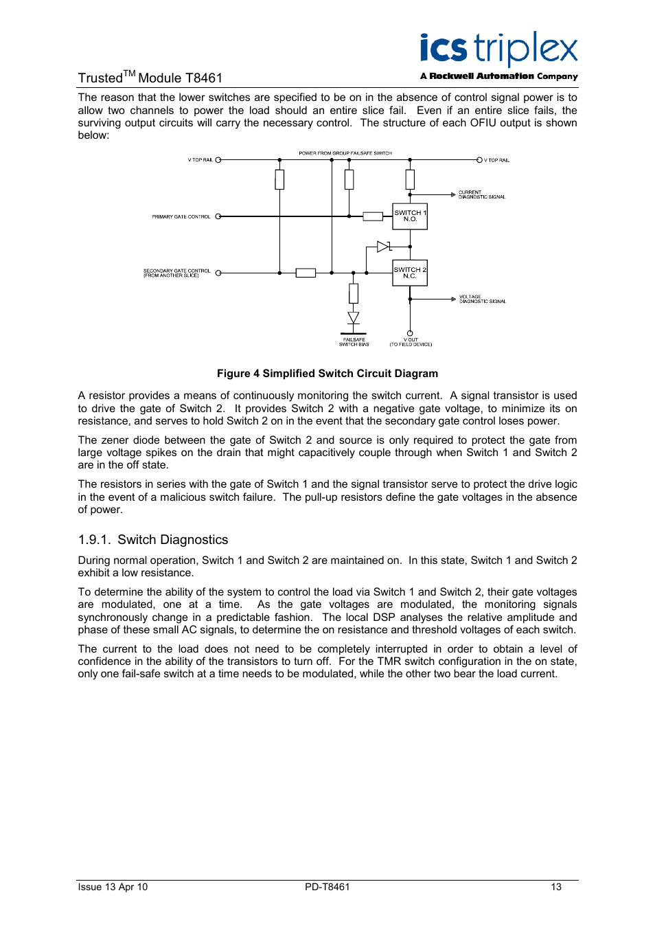 Switch diagnostics, Figure 4 simplified switch circuit diagram, Trusted | Module t8461 | Rockwell Automation T8461 Trusted TMR 24 48Vdc Digital Output Module User Manual | Page 13 / 32