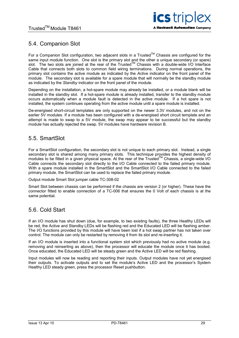 Companion slot, Smartslot, Cold start | Trusted, Module t8461 | Rockwell Automation T8461 Trusted TMR 24 48Vdc Digital Output Module User Manual | Page 29 / 32