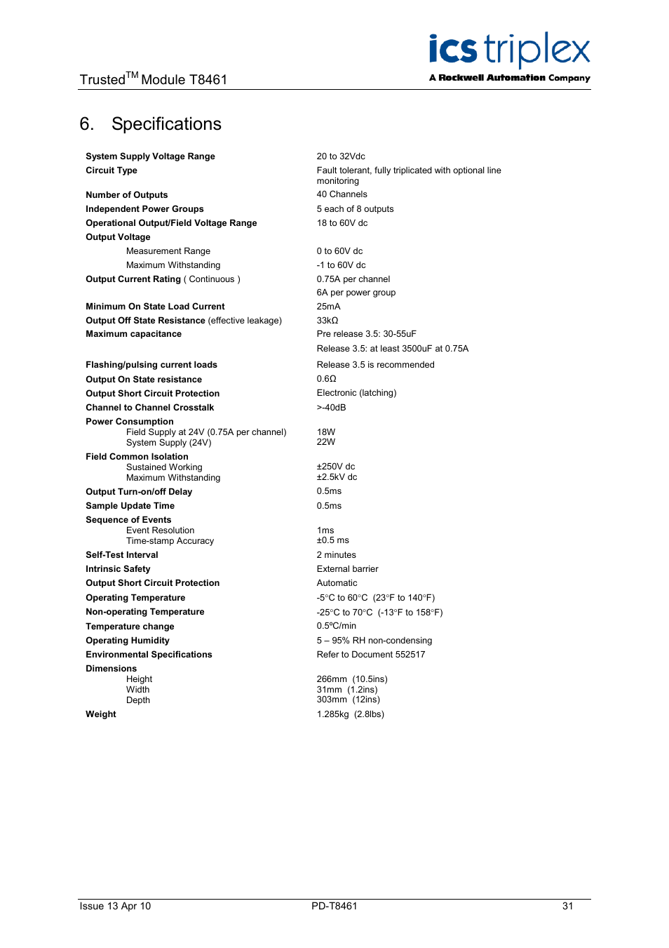 Specifications, Trusted, Module t8461 | Rockwell Automation T8461 Trusted TMR 24 48Vdc Digital Output Module User Manual | Page 31 / 32